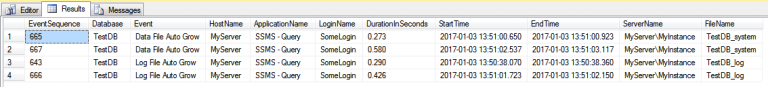 SSMS results grid listing SQL Server file auto grow events, including database, host, login, duration, start time, and file name.