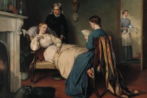 A girl reads to a convalescent while a nurse brings in the patient's medicine. R.H. Giles