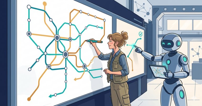 Illustration of a subway metro map with stations connected by colored lines, primary stations larger and secondary stations smaller, a woman cartographer drawing new connections while a robot verifies the routes, representing Availability Group topology mapping