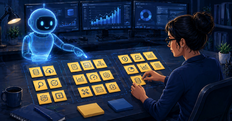Illustration of a woman arranging sticky notes depicting DBA tasks while an AI hologram helps organize them, representing the range of AI agent capabilities for database administrators