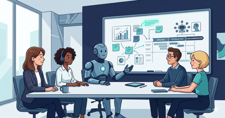 Illustration of a team meeting around a conference table with several people prominently featuring women and a robot sitting as an equal team member, all looking at a shared whiteboard with a project plan