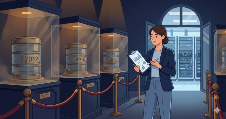 Museum exhibit hall with database cylinders in glass cases labeled with old years, while a modern server room glows in the background. A woman DBA compares the old exhibits to the new technology.