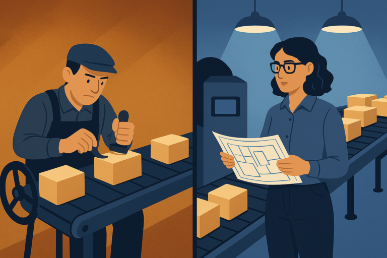 Split scene contrasting a slow hand-cranked one-at-a-time conveyor belt with a modern batch processing line, as a woman engineer plans the transformation between them.