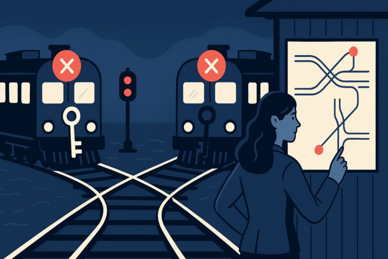 Two trains facing each other at a junction, each blocking the other's path. A woman railway controller at a signal tower studies the track diagram to determine which train to reroute.