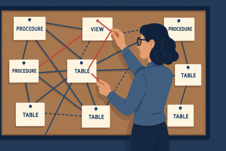 A woman DBA connecting threads between index cards on a detective-style evidence board, mapping hidden dependencies between database objects.