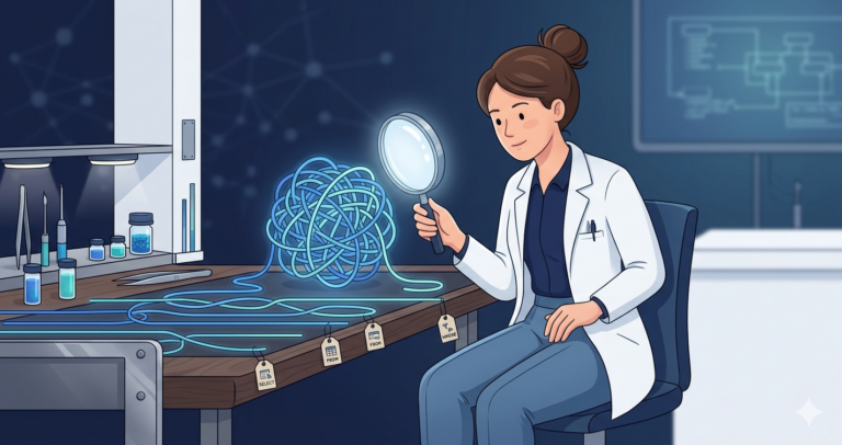 A woman scientist at a workbench carefully separating and labeling tangled glowing strings, representing the methodical dissection of complex dynamic SQL procedures.