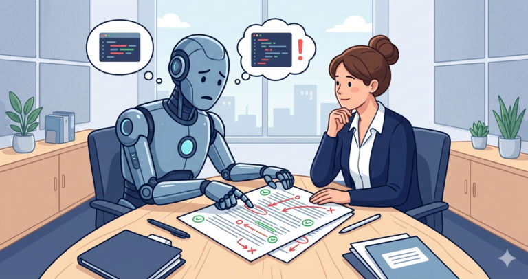 Illustration of a woman DBA and a robot sitting across from each other at a table reviewing a document with red and green markup, the robot pointing at a section with a concerned expression