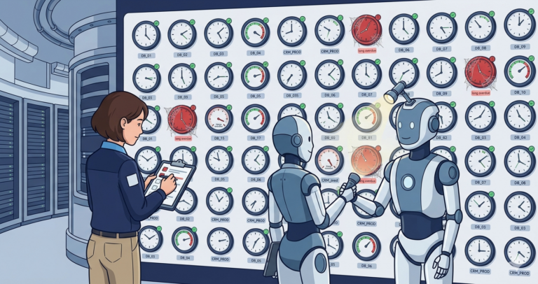 Illustration of a wall of small clocks and gauges each representing a different database, most showing green but some showing red with stopped hands, while a woman DBA and robot assistant check the red ones