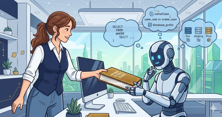 Illustration of a woman handing a thick instruction manual to a robot that reads it intently, with thought bubbles showing SQL formatting preferences, naming conventions, and environment details