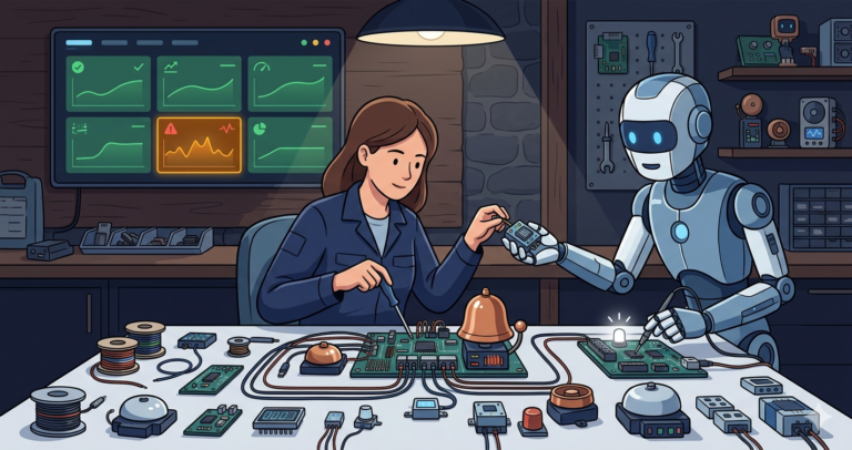 Illustration of a woman at a workbench assembling a custom alarm system from components while a robot assistant passes her parts, with a dashboard on the wall showing alerts in green and one flashing amber