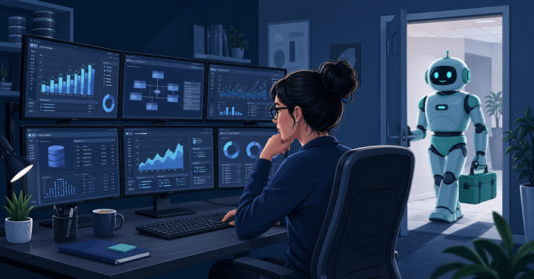 Illustration of a woman DBA focused on database monitors while a friendly robot with a toolbox quietly enters behind her, representing AI disruption DBAs don't see coming