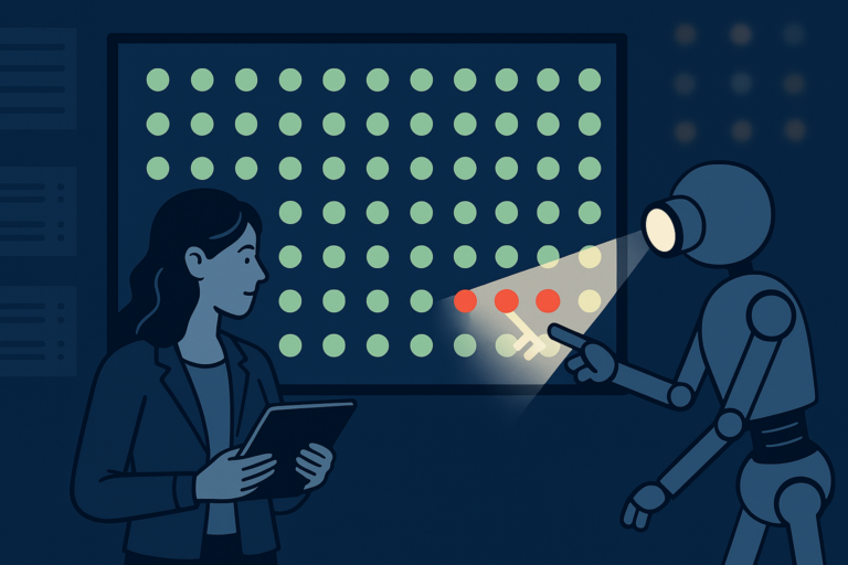 A woman DBA reviewing a control panel of server alerts, with a robotic DPA sentinel spotlighting red failure indicators while ignoring amber step-level noise