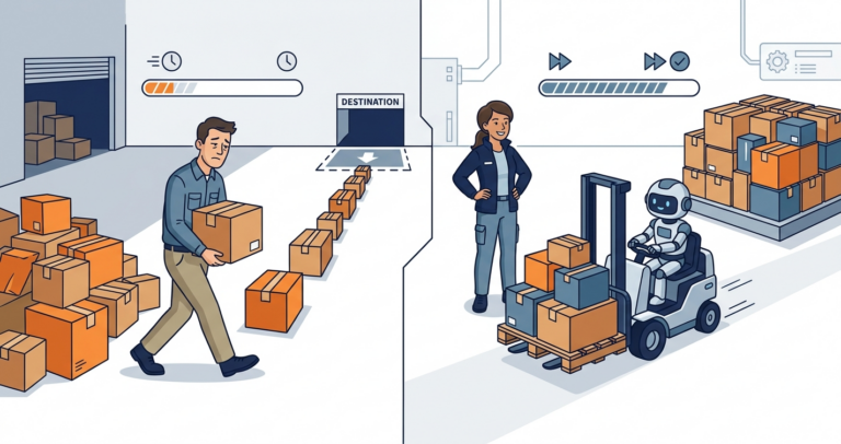 Illustration of a contrast showing a person slowly carrying one item at a time from a pile on the left, while on the right a woman operates a modern machine that processes all items simultaneously, representing replacing cursors with set-based SQL