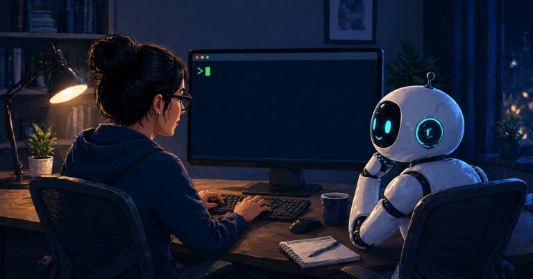 Illustration of a woman and a robot co-pilot sitting together at a terminal with a blinking cursor, representing getting started with an AI coding assistant