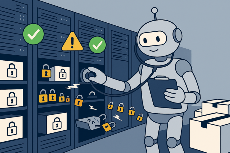 Illustration of a friendly robot walking down a data center aisle with a clipboard and stethoscope, checking servers with green checkmarks and yellow warning triangles