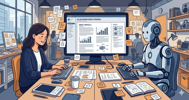 Illustration of a woman and a robot sitting side-by-side at a long desk each with their own keyboard working on a shared document on a large screen, surrounded by drafts, coffee cups, and sticky notes