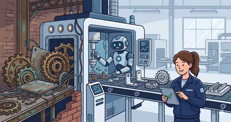 Illustration of a factory assembly line where old-style gears and parts enter on the left, pass through a modernization machine operated by a robot, and emerge on the right as sleek standardized components, with a woman inspector approving the output