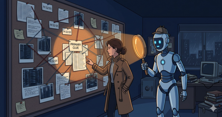 Illustration of a woman detective in a trench coat examining clues on a corkboard with logs, timestamps, and error messages connected by string, while a robot partner holds a magnifying glass illuminating a key clue
