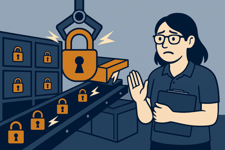 Illustration of a mechanical arm replacing small individual padlocks on filing cabinet drawers with one giant padlock, representing SQL Server lock escalation