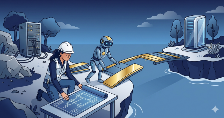 Illustration of a bridge being constructed between two islands, an old-style server on the left and a modern one on the right, a woman engineer reviews blueprints while a robot assistant lays down bridge planks
