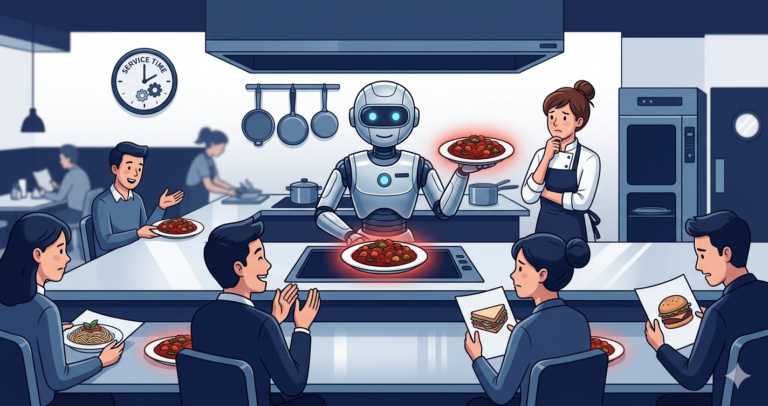 Illustration of a restaurant kitchen where a robot chef serves the same dish to every customer regardless of what they ordered, some customers look happy while others look confused, and a woman head chef notices the problem