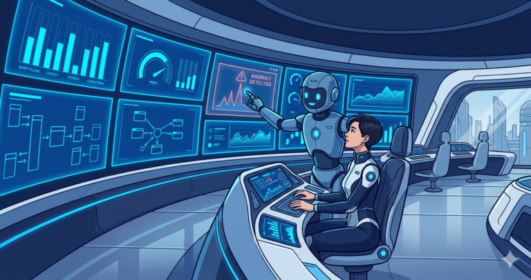 Illustration of a futuristic mission control room with large screens displaying real-time database dashboards, a woman operator at the console while a robot assistant points at an anomaly on one of the screens