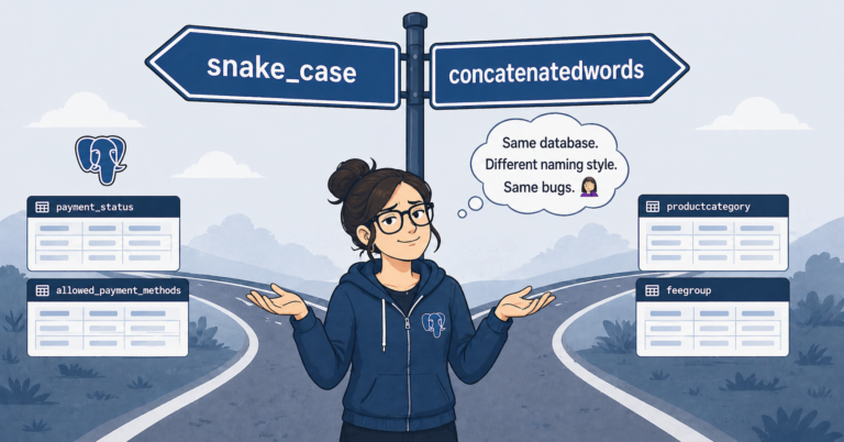 A woman engineer stands at a fork in the road, with signs pointing to snake_case and concatenatedwords