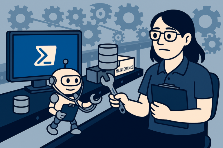 Illustration of a woman at a desk with a PowerShell terminal, gears and conveyor belts extending from the monitor automating database tasks, while a small robot hands her a wrench