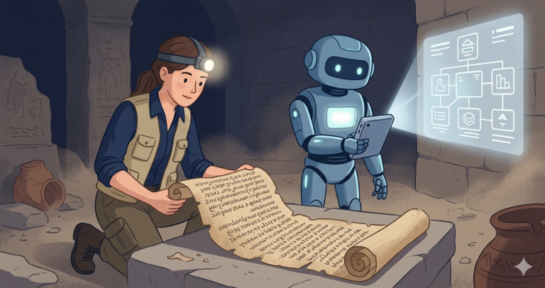 Illustration of a woman archaeologist examining an ancient scroll of dense code while a robot assistant projects a clean organized diagram from the scroll using a translation device