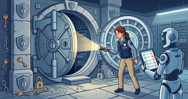 Illustration of a woman security auditor shining a flashlight inside a partially open vault door while a robot companion holds a checklist with checkmarks and X marks, with locks, keys, and shield icons scattered around
