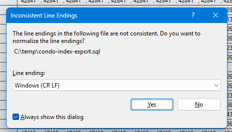 SSMS dialog warning about inconsistent line endings in a SQL file