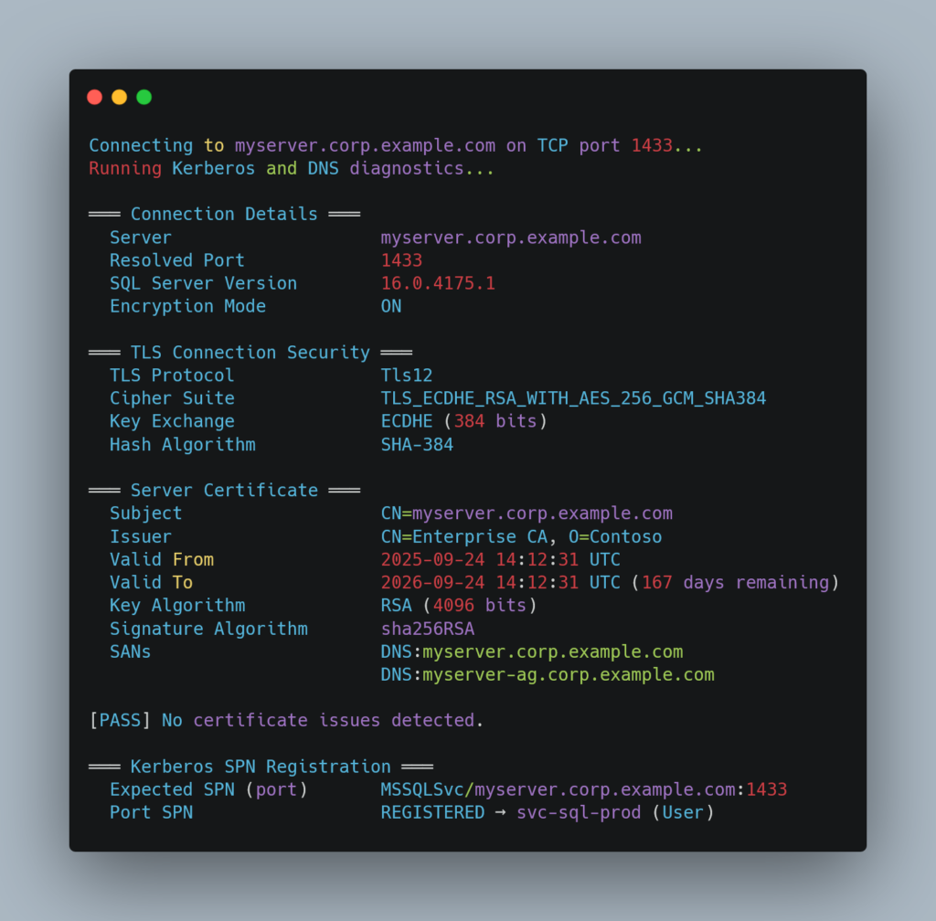 Terminal window displaying SQL Server TLS certificate details including subject, issuer, validity dates, key algorithm, and SAN entries against a dark background with colored text.