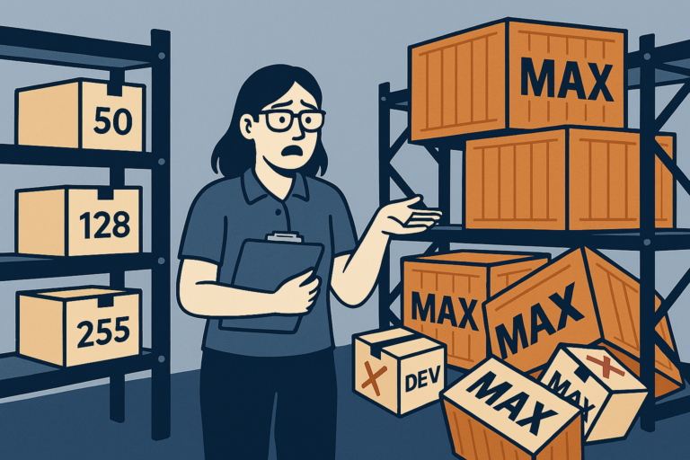 Illustration of warehouse shelves with neatly sized boxes labeled 50, 128, 255 on one side, and oversized MAX containers overwhelming shelves on the other side