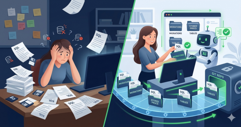 Illustration of a before-and-after split showing loose SQL scripts on a messy desk on the left, and neatly organized folders flowing into a pipeline on the right, with a woman organizing while a robot helps sort files