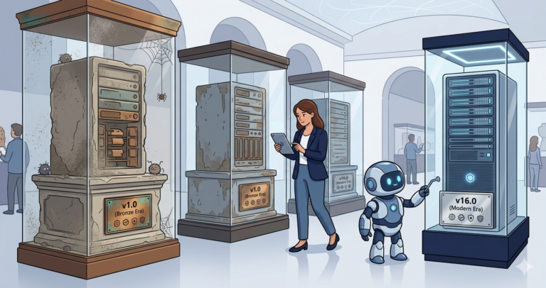 Illustration of a museum exhibit hall where each display case contains a different version of a server ranging from ancient and dusty to modern and sleek, with a woman curator and robot assistant cataloging each one