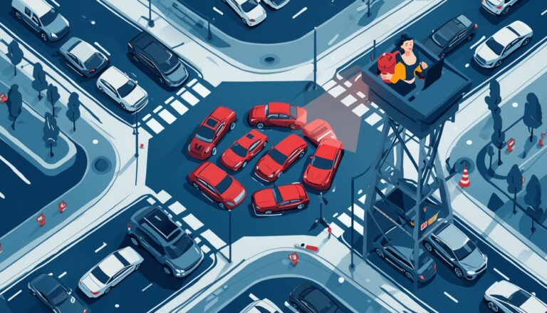 Illustration of a traffic intersection from above with cars gridlocked, a woman traffic controller in a tower looking down while a robot assistant highlights the bottleneck with a spotlight