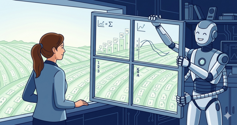 Illustration of a woman looking through a literal window frame at a landscape of data rows stretching into the distance like a field, the window frame partitioning the view into sections showing different aggregations, while a robot holds the window frame steady