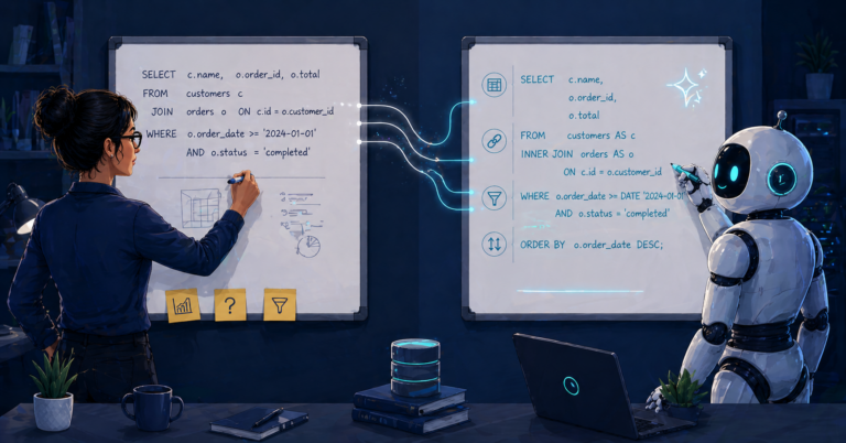 Illustration of a woman writing SQL on a whiteboard while an AI robot writes a refined version on its own whiteboard, representing collaborative T-SQL authoring