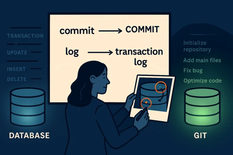 Split scene showing a database cylinder with transaction log entries on the left and a git repository cylinder with commit history on the right, connected by a whiteboard where a woman DBA maps the parallel concepts.