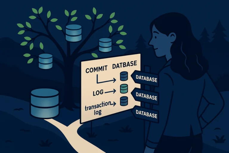 A tree diagram where a main trunk database splits into three branches, each with its own database cylinder. A woman DBA stands at the fork point choosing which branch to follow.