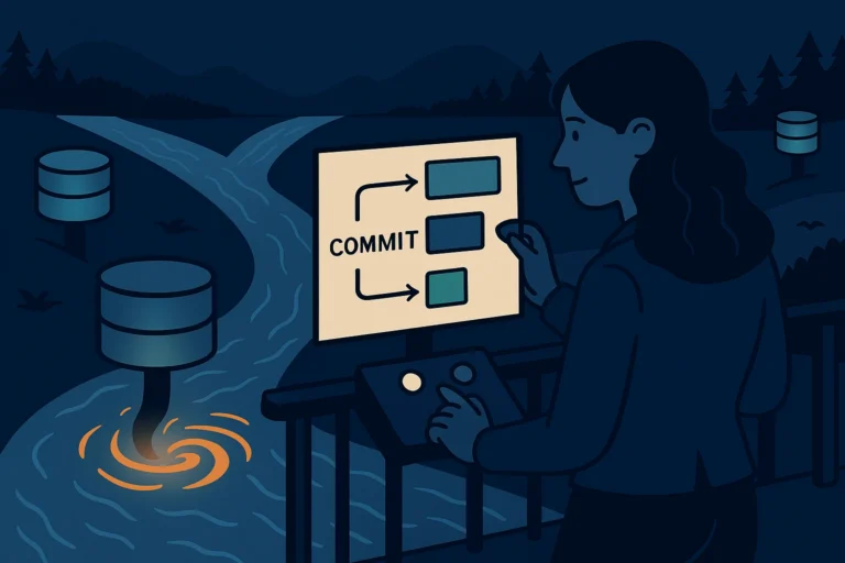 Two rivers flowing toward a confluence where most water merges smoothly but a whirlpool forms at one clash point. A woman engineer on a bridge adjusts controls to resolve the turbulence.