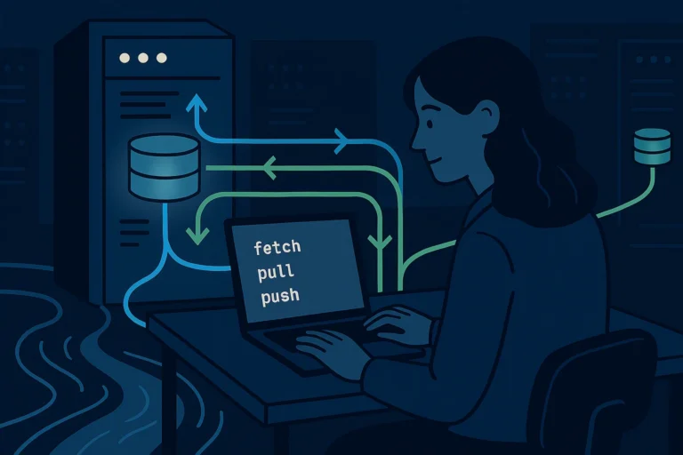 A central server tower connected by glowing network cables to a laptop, with blue arrows flowing down (pull) and green arrows flowing up (push). A woman DBA orchestrates the sync from her desk.