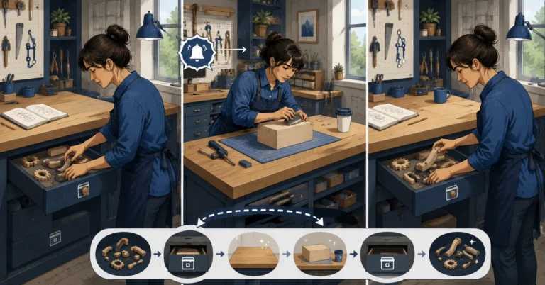 A woman craftsperson at a workbench placing in-progress work into labeled drawers underneath, clearing the bench for urgent work. Multiple stash drawers are visible.