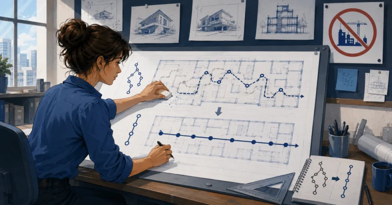 A woman architect at a drafting table erasing a zigzag path on a blueprint and redrawing it as a clean straight line, with a warning sign about not modifying after construction.