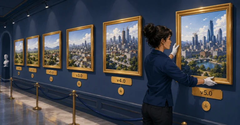 A gallery hallway with framed photographs labeled with version numbers showing a city growing over time. A woman curator hangs a new gold frame for the latest release.