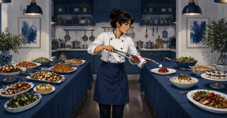A woman chef carefully selecting a single dish from one full buffet table and transferring it with tongs to another table, ignoring the rest of the dishes.