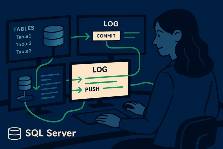 A woman DBA at a three-monitor command center connecting database schema, git commit history, and pull request reviews into a unified pipeline.