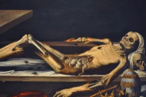 Painting of skeletons and bones laid out in a dark room, with skulls and anatomical remains on a table.