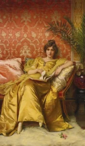 Portrait painting of a woman in a yellow gown reclining on a sofa with patterned red wallpaper and a palm behind her.