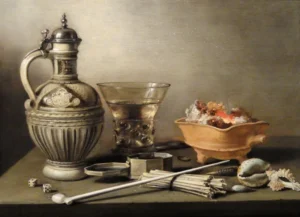 Still Life with Jug, Burkemeyer and Smoking Utensils, by Pieter Claesz - a lot of objects but no objects created recently!